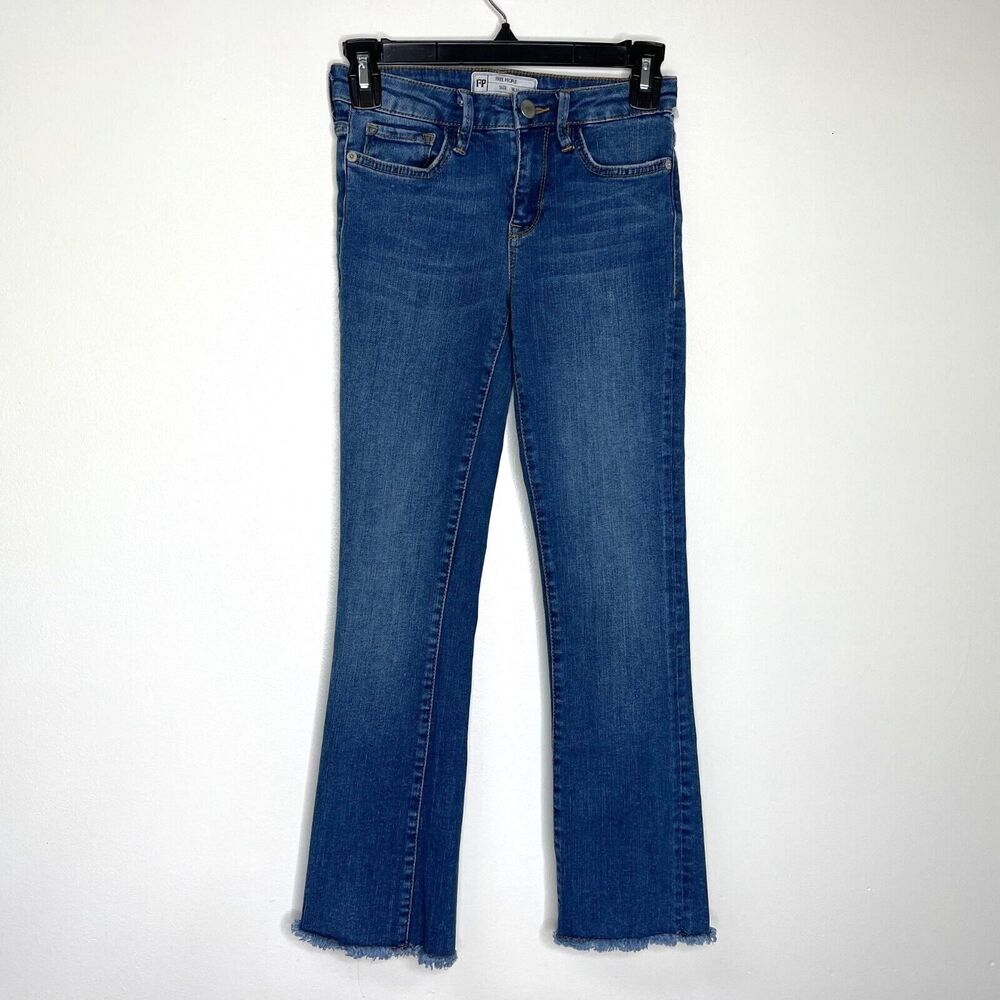 Free People Fringe Crop Mid Rise Blue Denim Jeans Women's Size 24